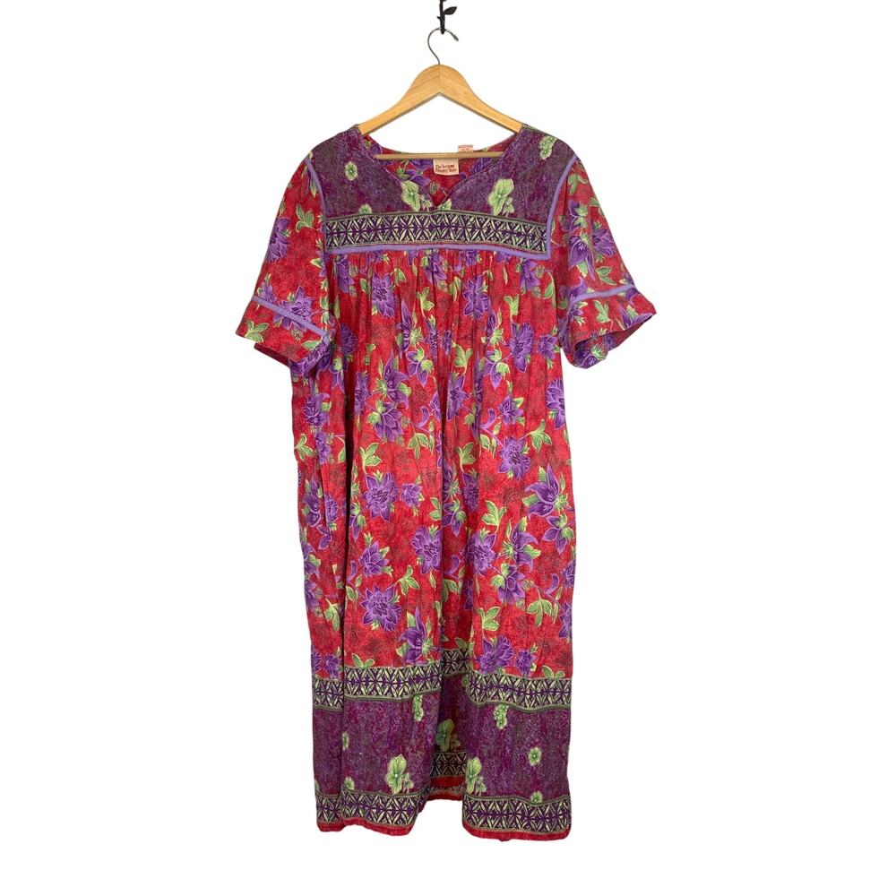 Vermont Country Store Red Purple Floral House Dress 3X 100% Cotton Short Sleeve